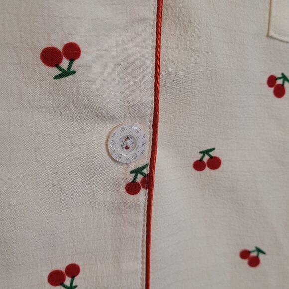 Cherry Button Up Short Sleeve Top Light Yellow/White Sparkly Buttons Size SM - Picture 2 of 6